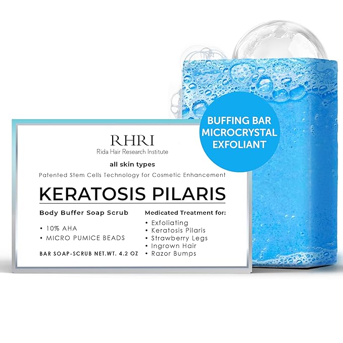Body Soap for Keratosis Pilaris | Exfoliating Soap Scrub with 10% AHA & Micro Pumice Beads | Buffingbar for Smooth Skin, Strawberry Legs, Ingrown Hair & Razor Bumps | Bar Soap for Men and Women 4.2 oz