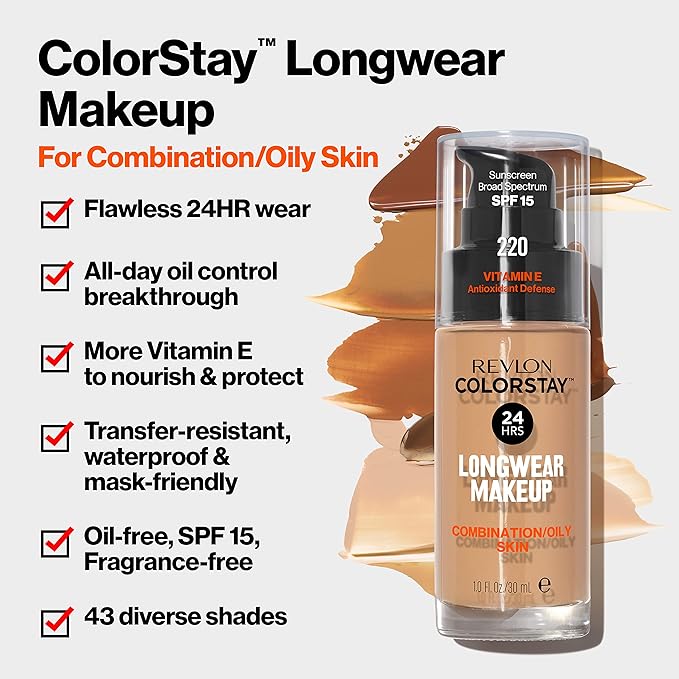 Revlon Liquid Foundation, ColorStay Face Makeup for Combination & Oily Skin, SPF 15, Medium-Full Coverage with Matte Finish, Oatmeal (140), 1.0 oz