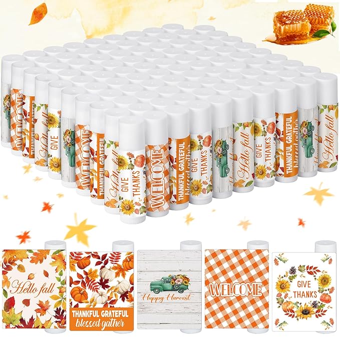 Dunzy 100 Pack Hello Fall Thanksgiving Party Gifts Bulk Lip Balms Favors Employee Appreciation Gifts Thank You Gifts Team Inspirational Gifts for Women Men Coworkers Satff Teachers(Thanksgiving)