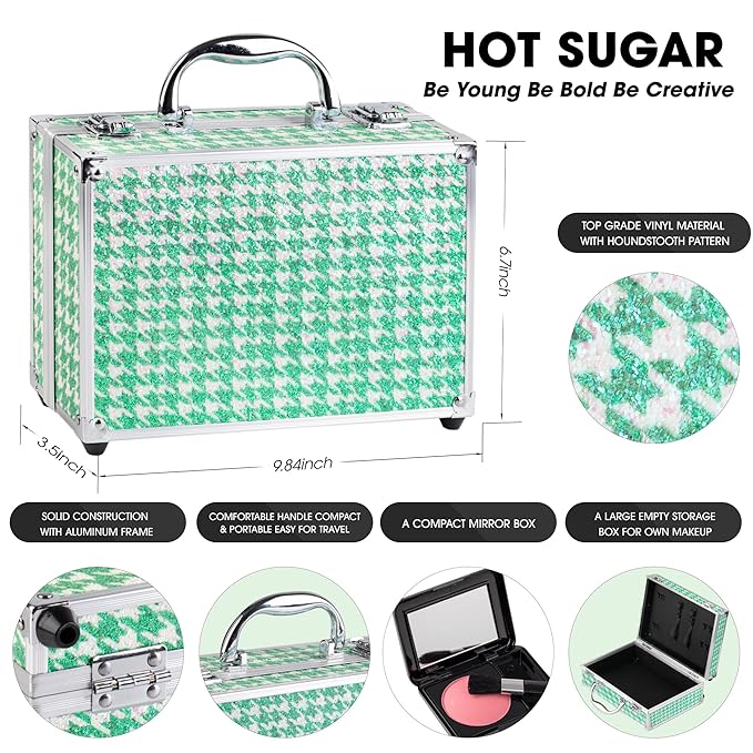 Hot Sugar Teen Makeup Kit for Girls 10-13 Full Starter Cosmetics Set with Eye Shadow Lip Balm Blush Lip Gloss Brush Lip Pencil Eye Pencil and Mirror (GREEN HOUNDSTOOTH)