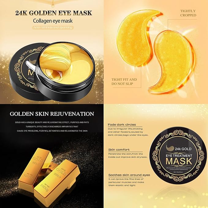 66PCS Under Eye Patches for Puffy Eyes 24K Gold Natural Hydrogel Collagen Eye Mask Reusable Silicone Gel Eye Anti Aging Pads for Reduce Fine Lines Wrinkles Eye Bags Transparent Gel Pack