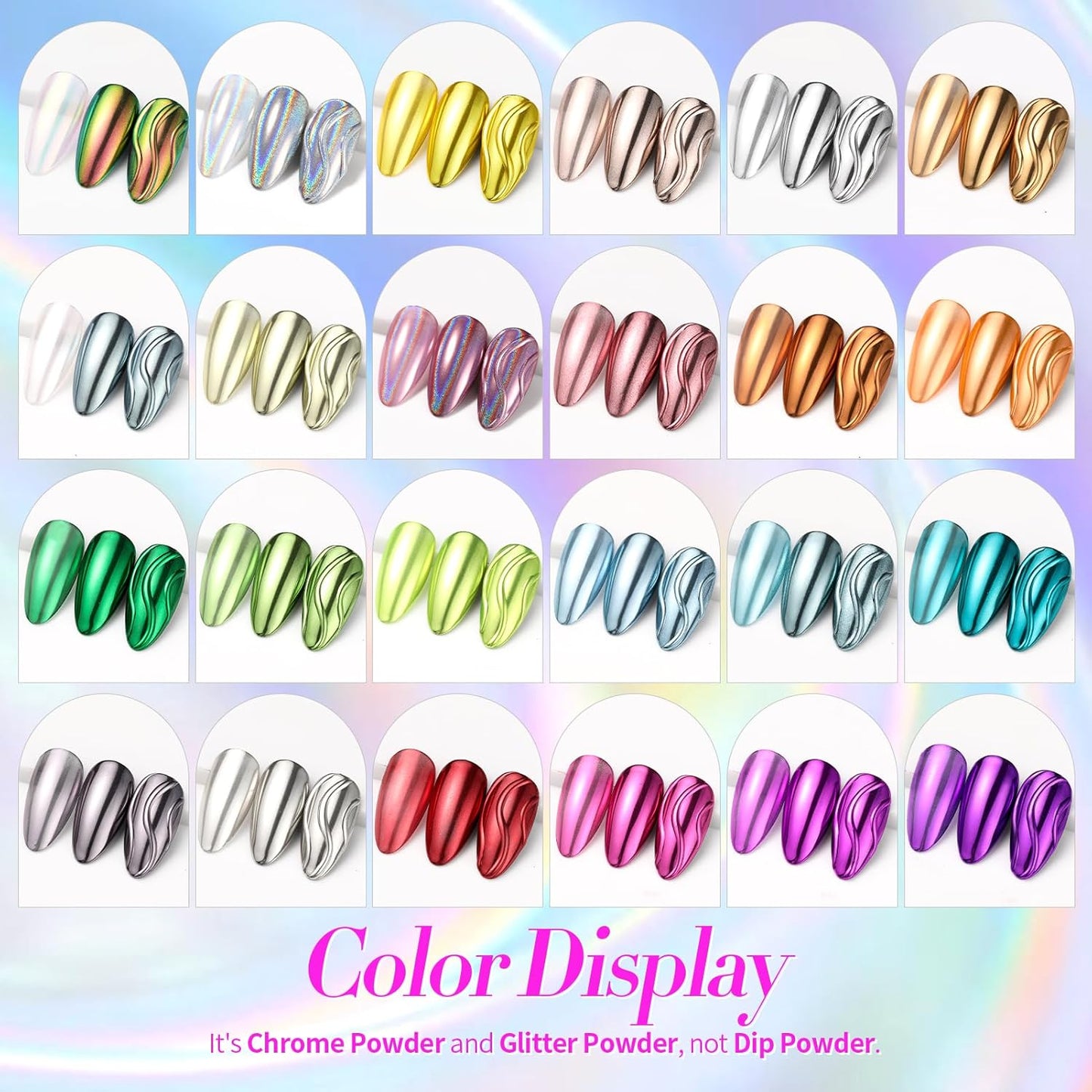 Born Pretty Mirror Chrome Nail Powder Set, 24 Colors Metallic Mirror Effect Nail Powder Holographic Aurora Chameleon Pigment Gold Silver Red Pink Purple Blue Green Manicure Nail Art Decoration Sets