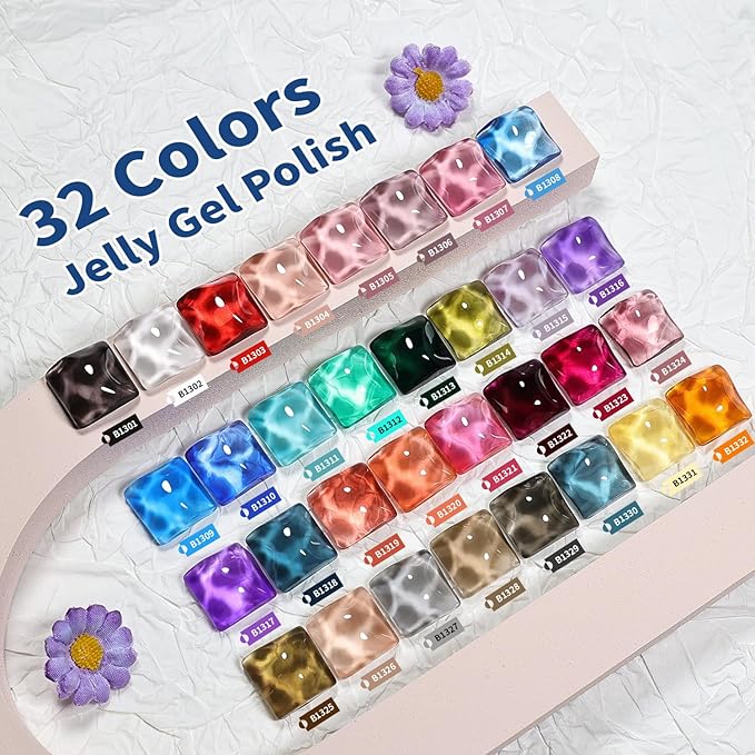 JODSONE 32 Colors Jelly Gel Nail Polish Kit with U V Light Crystal Transparent Classic Color 4 Functional Gel for All Seasons