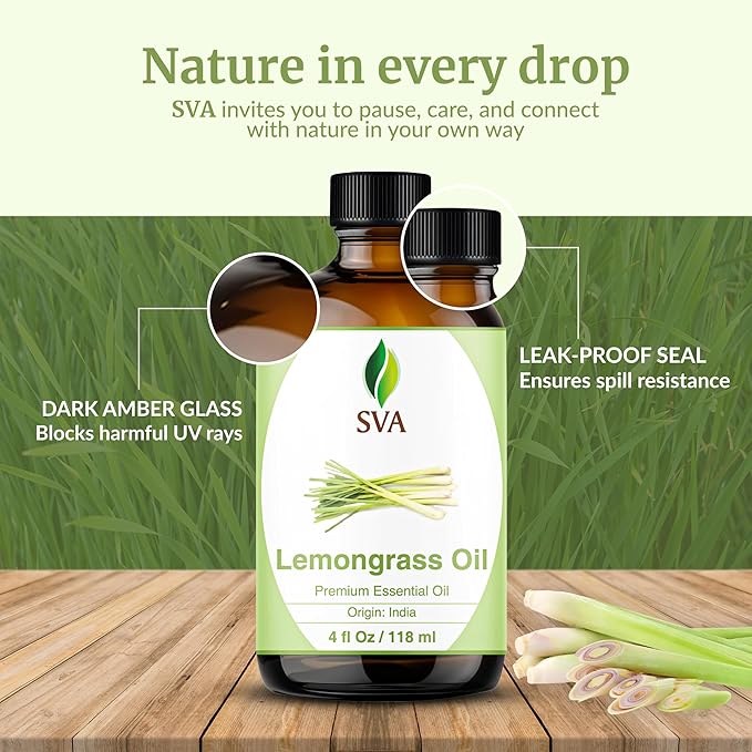 SVA Lemongrass Essential Oil – 4 Fl Oz – 100% Natural Lemongrass Oil - for Diffuser, Hair Care, Face, Skin Care, Aromatherapy, Scalp and Body Massage, Soap and Candle Making - with Dropper