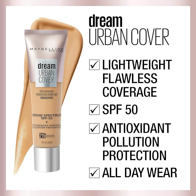 Maybelline Dream Urban Cover Flawless Coverage Foundation Makeup, SPF 50, Natural Ivory