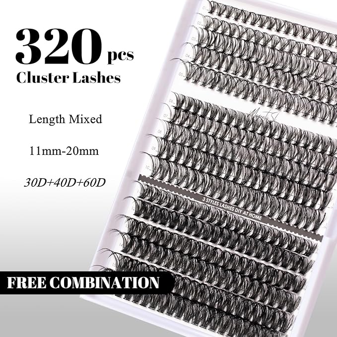 Lash Clusters 320pcs Individual Lashes 30D&40D&60D DIY Lash Extensions D Curl Lash Clusters False Eyelashes Natural Look 11-20mm Mix Cluster Eyelash Extensions EASY TO USE (30D+40D+60D-0.07D)