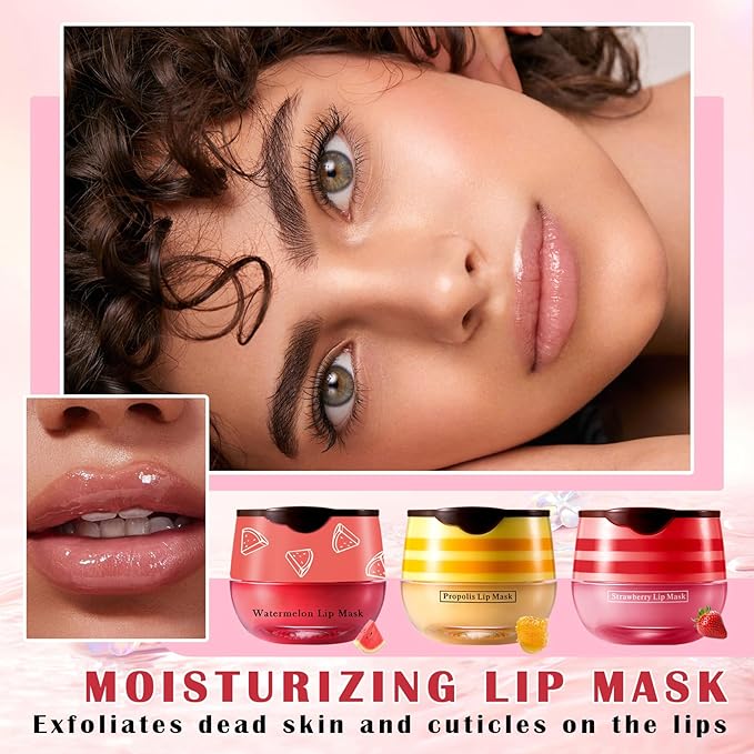 Honey Lip Balm (Strawberry, Watermelon) - Smooth, Hydrating Propolis Lip Mask Overnight Scrubs Exfoliator, Natural Ingredients, Lip Care Set