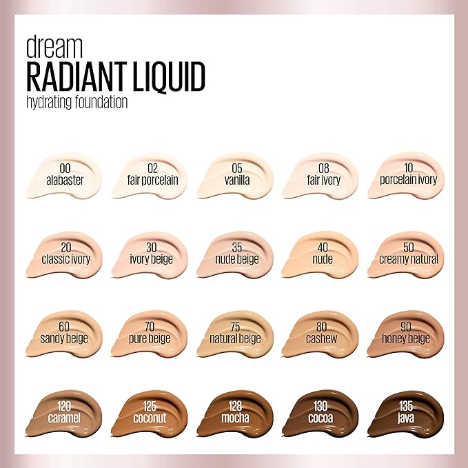 Maybelline Dream Radiant Liquid Medium Coverage Hydrating Makeup, Lightweight Liquid Foundation, Fair Ivory, 1 Count