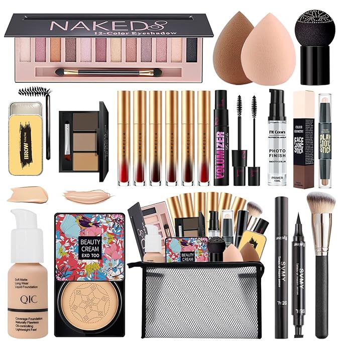 All in One Makeup Kit,Includes Naked Eyeshadow,Liquid Foundation,CC Cream,Lipstick Set,Mascara,Makeup Brush,Makeup Sponge,Eyebrow Powder,Eyebrow Soap,Eyeliner Stamp, Primer,Contour Stick,Cosmetic Bag