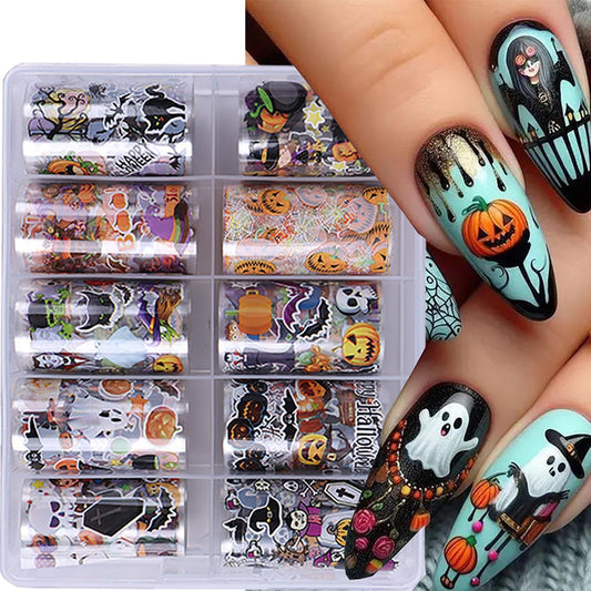10 Rolls Halloween Nail Transfer Foil Stickers Set Halloween Theme Nail Art Foils Decals Cartoon Design Nail Foil Transfers Pumpkin Bat Ghost Skull Cat Nail Decorations for Women Manicure Supplies