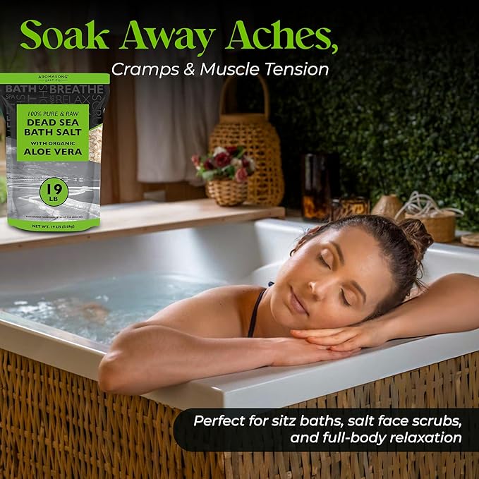 Aromasong 19 lbs RAW Dead Sea Salt with Organic Aloe Vera, not Cleaned, Still Contains All Dead sea Minerals Including Dead sea Mud, Fine Medium Grain Large resealable Bulk Pack - Packaging May Vary