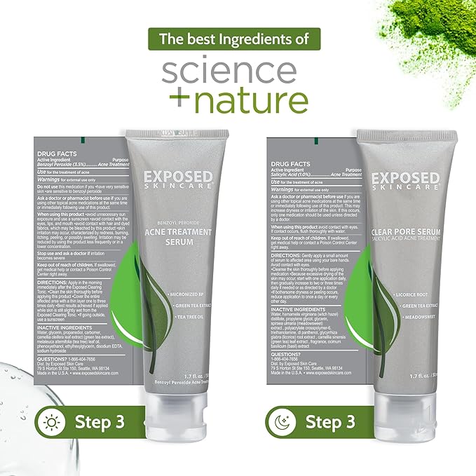 Exposed Skin Care Basic Acne Treatment Kit - Includes Salicylic Acid Face Wash, Clearing Tonic, Treatment Serum with Benzoyl Peroxide, Clear Pore Serum - Natural Acne Solution for All Skin Types