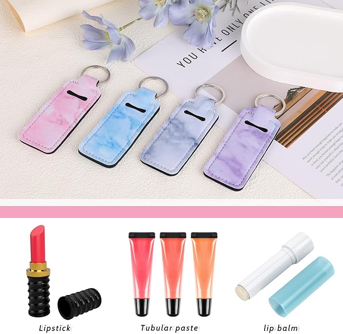 4Pcs Chapstick Holder Keychain, Lip Balm Sleeve Pouch, Chapstick Holder With Clip, Lip Balm Holder, Stocking Stuffers Gift for Women(Pink, Gray, Purple, Blue)