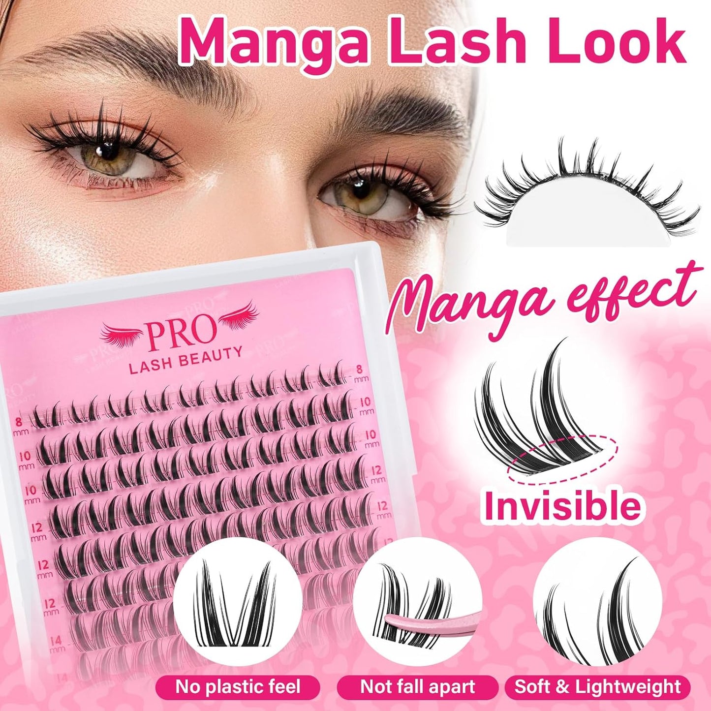 PROLASHBEAUTY Manga Lash Clusters Kit Wispy Eyelash Clusters DIY Lash Extension Kit Individual lashes Incisible Band Eyelash Extension Kit with Lash Glue, Tweezers Lash Brush (Genie,8-16mix)