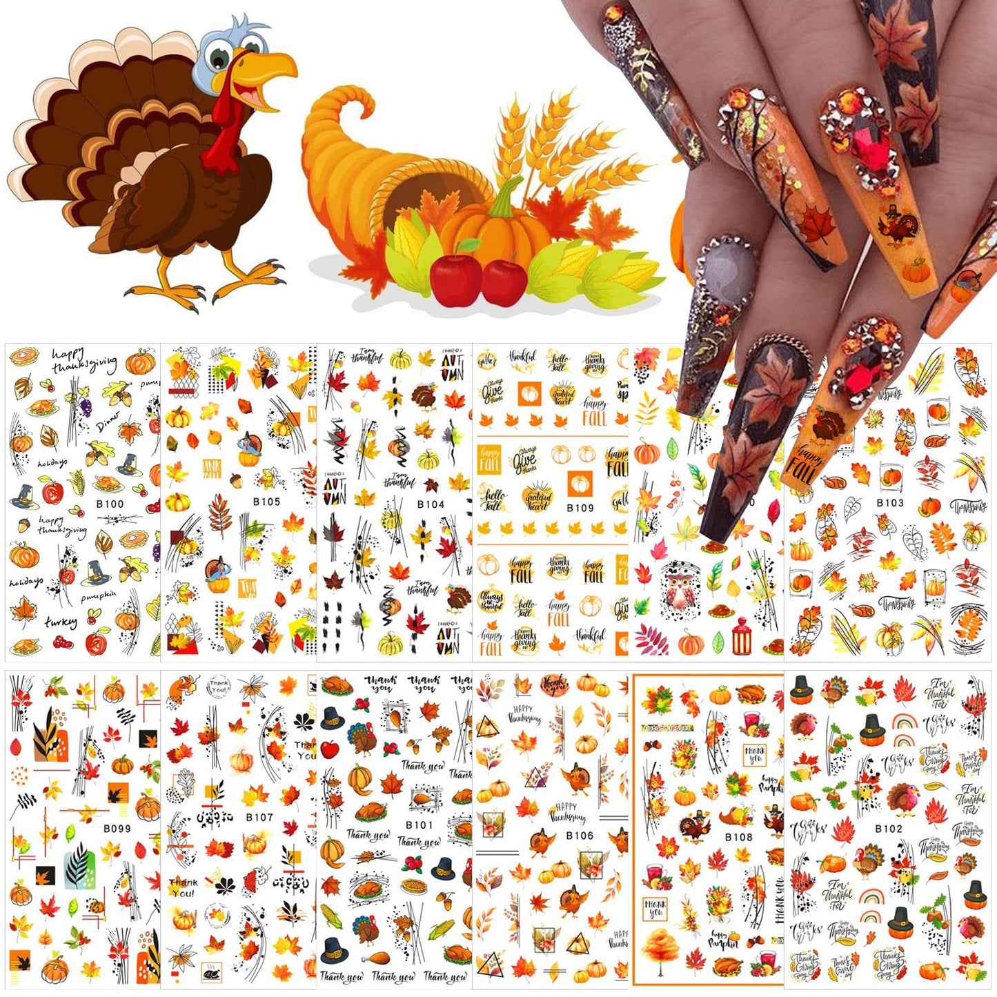 12 Sheets Fall Nail Art Stickers 3D Autumn Leaves Nail Decals Self-Adhesive Thanksgiving Nail Art Accessories Foils Maple Leaf Pumpkin Turkey Nail Designs for Women Girls DIY Manicure Decoration