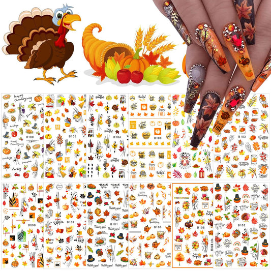 12 Sheets Fall Nail Art Stickers 3D Autumn Leaves Nail Decals Self-Adhesive Thanksgiving Nail Art Accessories Foils Maple Leaf Pumpkin Turkey Nail Designs for Women Girls DIY Manicure Decoration