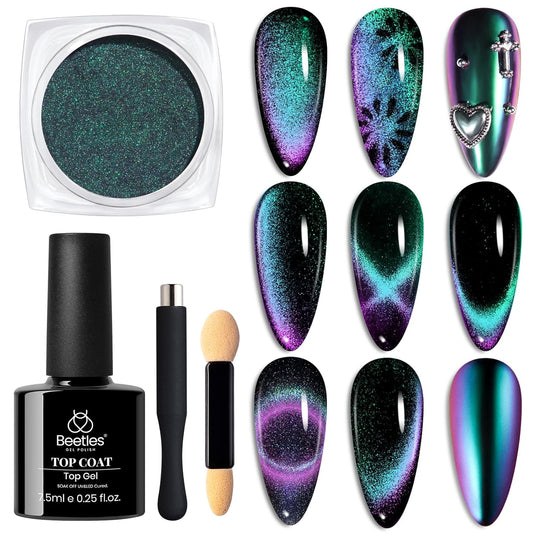 Beetles Cat Eye Chrome Nail Powder Set, 2 in 1 Holographic Metallic Mirror Effect Chameleon Galaxy Powder with No Wipe UV Gel Top Coat Magnet for Velvet Metallic Nail Art