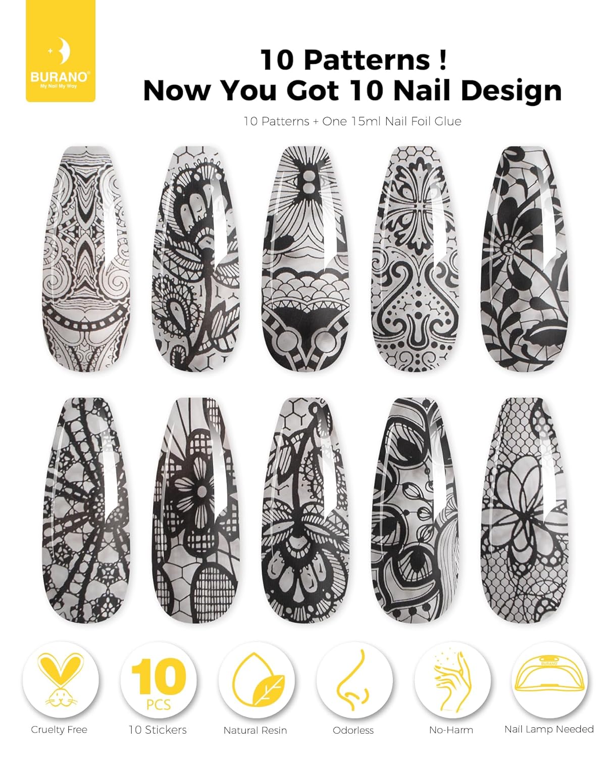 BURANO Nail Art Nail Foil Glue Gel, o.5 oz with 10PCS Foil Stickers Set Lace Nail Foil Glue for Nails Foil Transfer Gel, Nail Design Home DIY UV LED Lamp Required 28