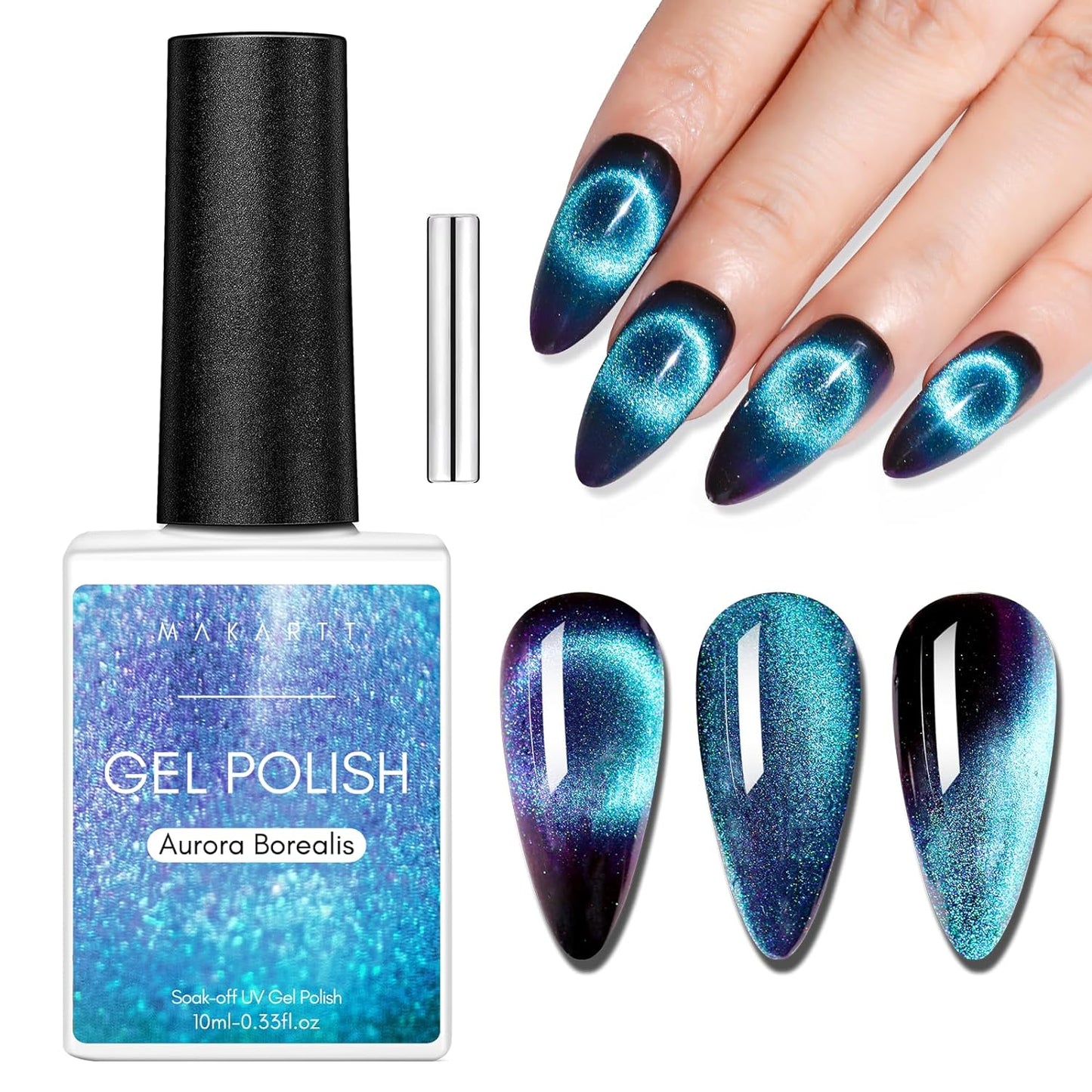 Makartt Blue Cat Eye Gel Nail Polish: Magnetic Glitter Gel Polish Soak-Off UV/LED with Aurora Effect, Long-Lasting Black Hole Shine, Comes with Magnet Stick Salon Home Nail Art 10ml