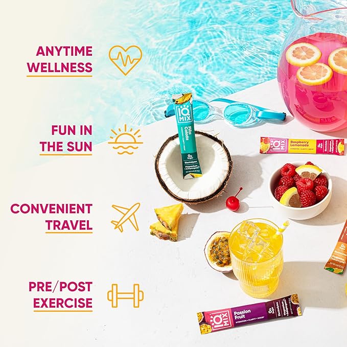 IQMIX Hydration Electrolyte Powder – 4-in-1 Formula for Hydration, Mental Clarity, Mood and Recovery – Sugar-Free Drink Mix, Keto, Magnesium L-Threonate, Lion’s Mane – 20 Count Vacation Variety Pack