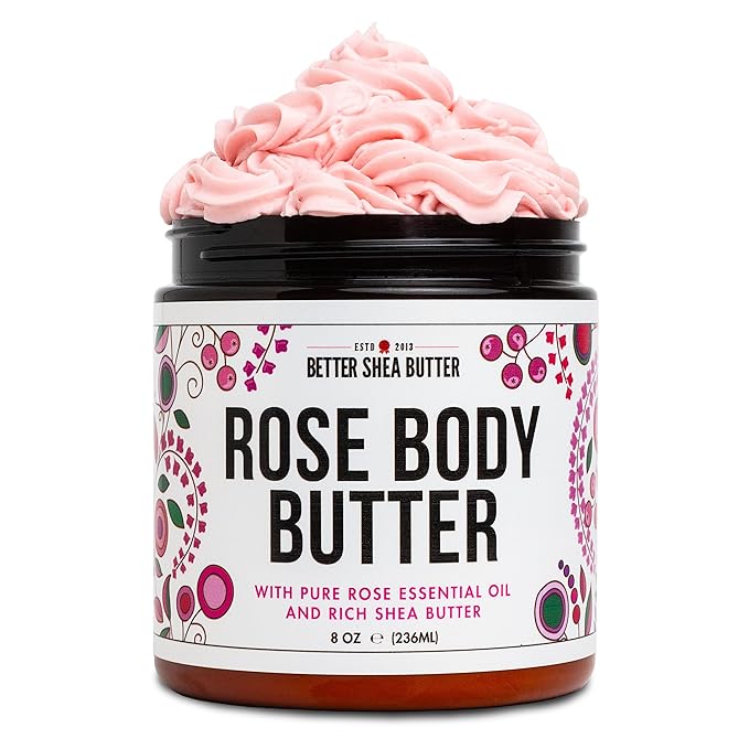 Rose Body Butter for Dry Skin with Whipped Shea Butter and Pure Essential Oil | Ultra Hydrating Rose Lotion for Women | All Natural Moisturizer with No Synthetic Fragrances