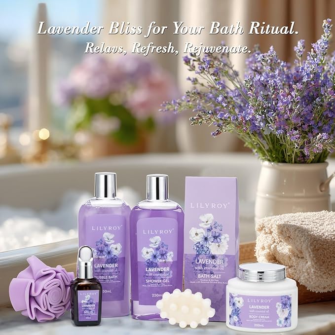 Mothers Day Gifts for Mom - 8 Pcs Lavender Bath & Body Gift Set for Women, Spa Gift Basket with Bath Bomb | Christmas, Birthday Gifts, Self Care & Pampering Gifts for Her, All Occasion Holiday Present