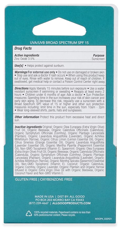 All Good Organic SPF15 Lip Balm - Hydrating Lip Care with Olive Oil, Beeswax, Calendula, Lavender, Vitamin E - Lip Moisturizer with Zinc Oxide Protection - Original, Spearmint & Coconut (9-pack)