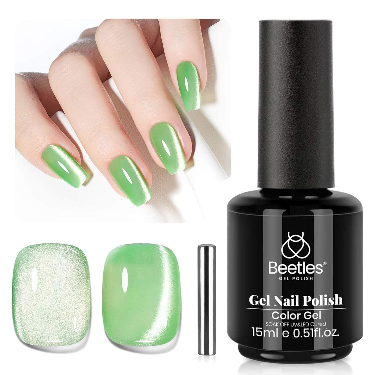 Beetles Green Cat Eye Gel Polish, 15ML Light Green Glass Cat Eye Glitter Gel Polish with Magnet Shimmer Translucent Sheer Color Soak Off UV Lunar Gleam Series French Nail Art Gift for Women
