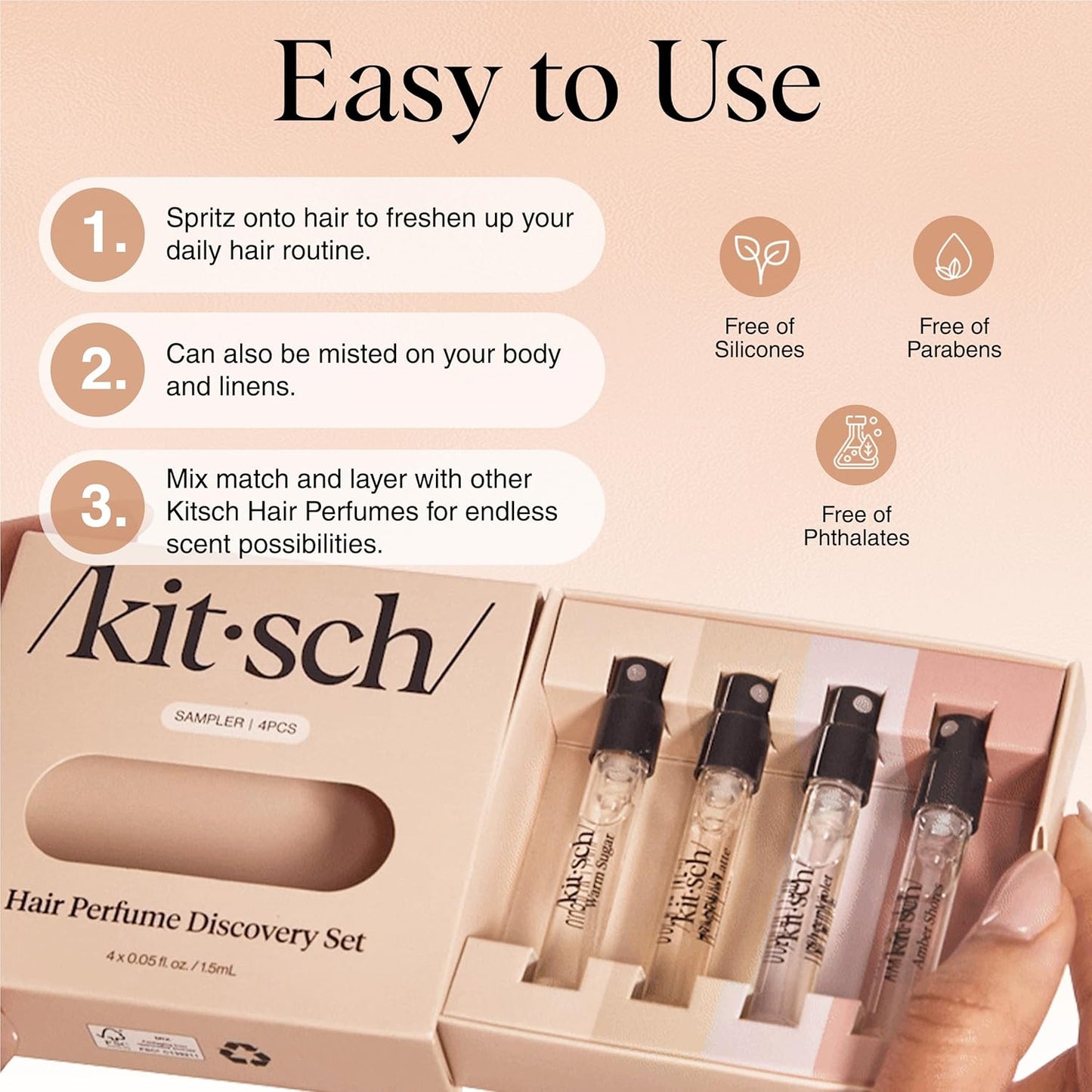 Kitsch Hair Perfume For Women (Discovery Set) - Pistachio Latte, Warm Sugar, Sheer Violet & Amber Waves - Patented Odor-Eliminating Technology, Hair Spray and Body Mist - 4 x 1.5ml