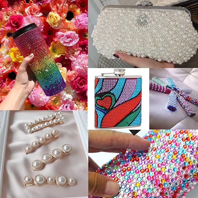 Flat Back Rhinestone+Half Round Pearl Kits Colorful Rhinestones+White Pearls with Picker Pencil and Tweezer for Home DIY and Professional Use