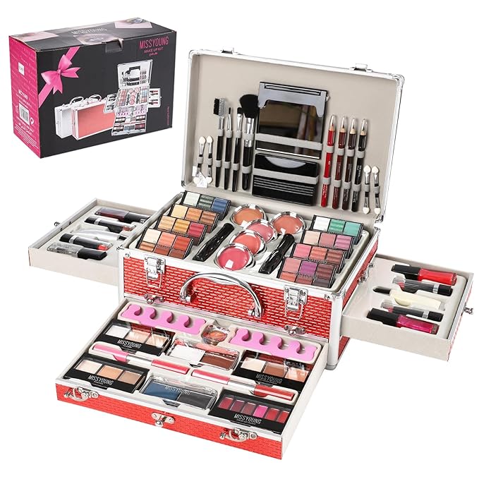 All in One Makeup Kit for Teens, 106 Pcs Professional Makeup Kit for Women Full Kit, Include Eyeshadow Palette, Lipstick Set, Concealer, Foundation, Lipgloss, Makeup Brush(Red)