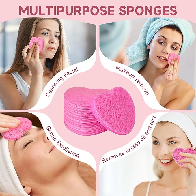100 Count Compressed Pink Facial Sponges | 100% Natural Cellulose Eco-Friendly Makeup Sponges for Gentle Cleansing, Exfoliating & Stubborn Makeup Removal | Travel & Home Beauty Essentials for Women