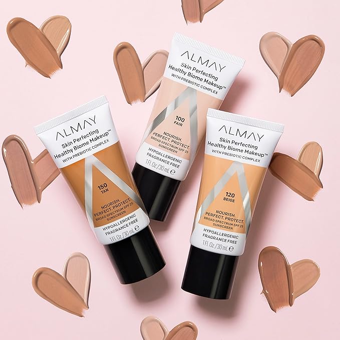 Almay Skin Perfecting Healthy Biome Foundation Makeup with Prebiotic Complex SPF 25, Hypoallergenic, -Fragrance Free, 140 Golden, 1 fl. oz.