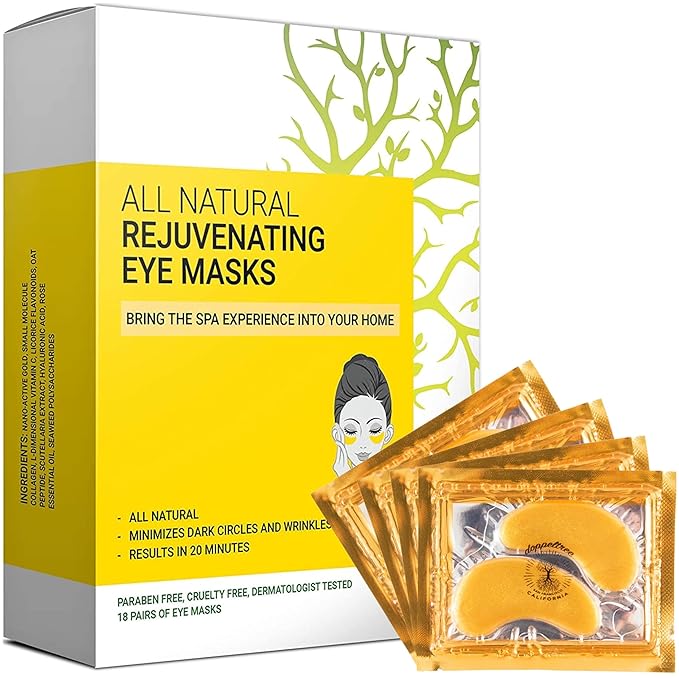 Under Eye Patches & Masks (18 Pairs) - All Natural Anti Aging Treatment for Bags, Puffiness, Wrinkles, & Dark Circles - 24K Gold, Collagen, Hyaluronic Acid, Hydrogel - Formulated in San Francisco