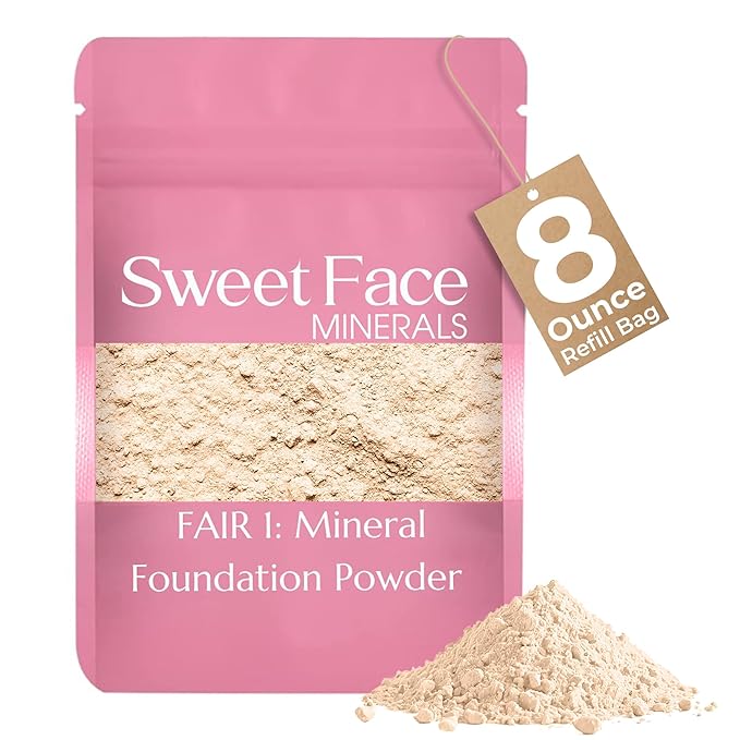 (8 Ounce) (Fair Shade 1) Foundation Powder Refill By Sweet Face Minerals, Lightweight Mineral Loose Makeup Powder with SPF 20, Full Coverage Flawless Finish, Talc-free, Cruelty-Free, Refill Pouch