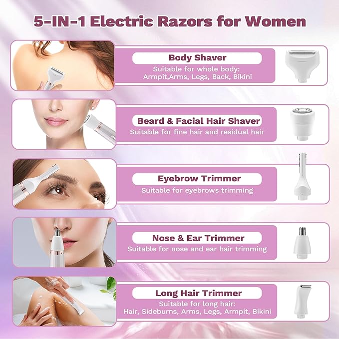 Electric Razors Shaver for Women, 5 in 1 Bikini Trimmer for Women, Wet/Dry Womens Electric Razor Shavers, Face Razor for Face Nose Eyebrow Arms Armpit Legs Pubic Area, Facial Hair Removal