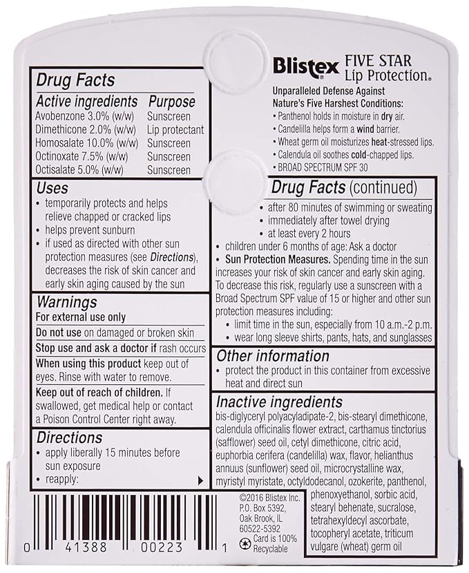 Blistex Five Star Lip Protection, SPF 30-0.15 oz (Pack of 6)