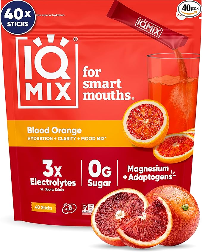 IQMIX Hydration Electrolyte Powder – 4-in-1 Formula for Hydration, Mental Clarity, Mood and Recovery – Sugar-Free Drink Mix, Keto, Magnesium L-Threonate, Lion’s Mane – 40 Count Blood Orange