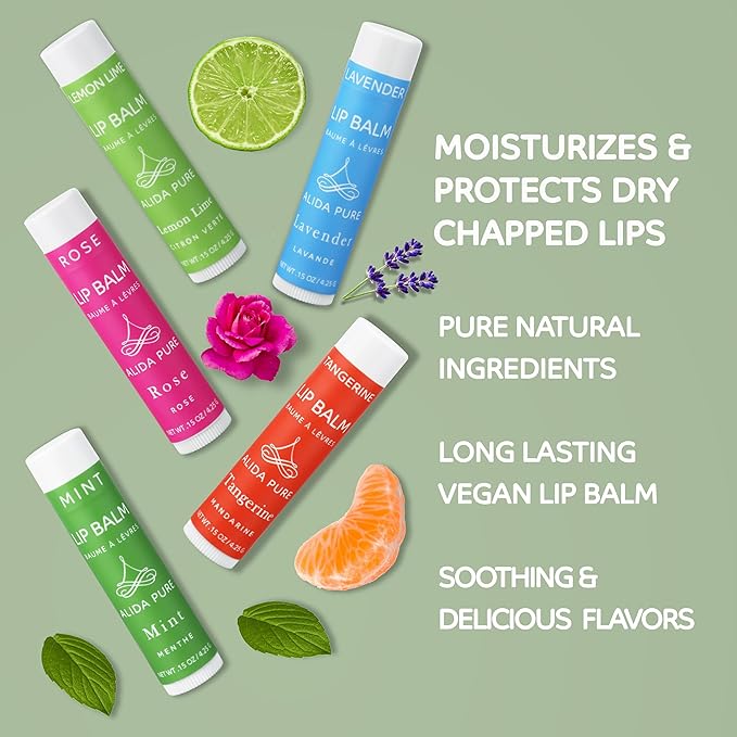 Aria Lip Balm Collection, Vegan Lip Balm Set, Beeswax Free, with Avocado Oil, Organic Jojoba Oil, and Vitamin E, Natural Moisturizer for Dry, Chapped Lips, 5 Tube Set