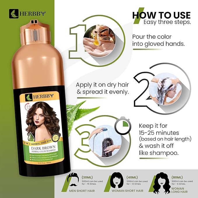 Hair Color Shampoo for Gray Hair Coverage&Color Transform with 9 Herbal Extracts –Long Lasting(6-8 Weeks),Shiny,Evenly Colored,Instant Hair Dye Shampoo&Conditioner, 500 Ml (DARK BROWN COLOR)