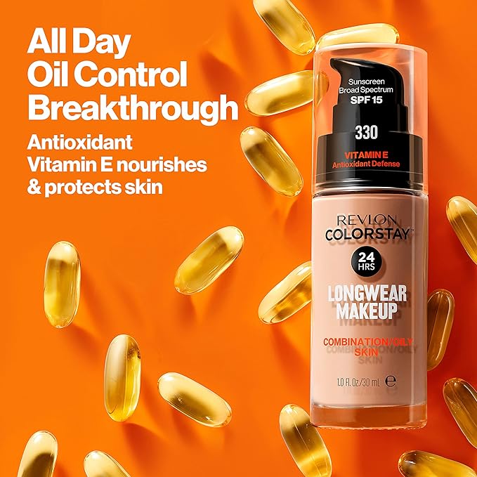 Revlon Liquid Foundation, ColorStay Face Makeup for Combination & Oily Skin, SPF 15, Medium-Full Coverage with Matte Finish, Java (620), 1.0 oz