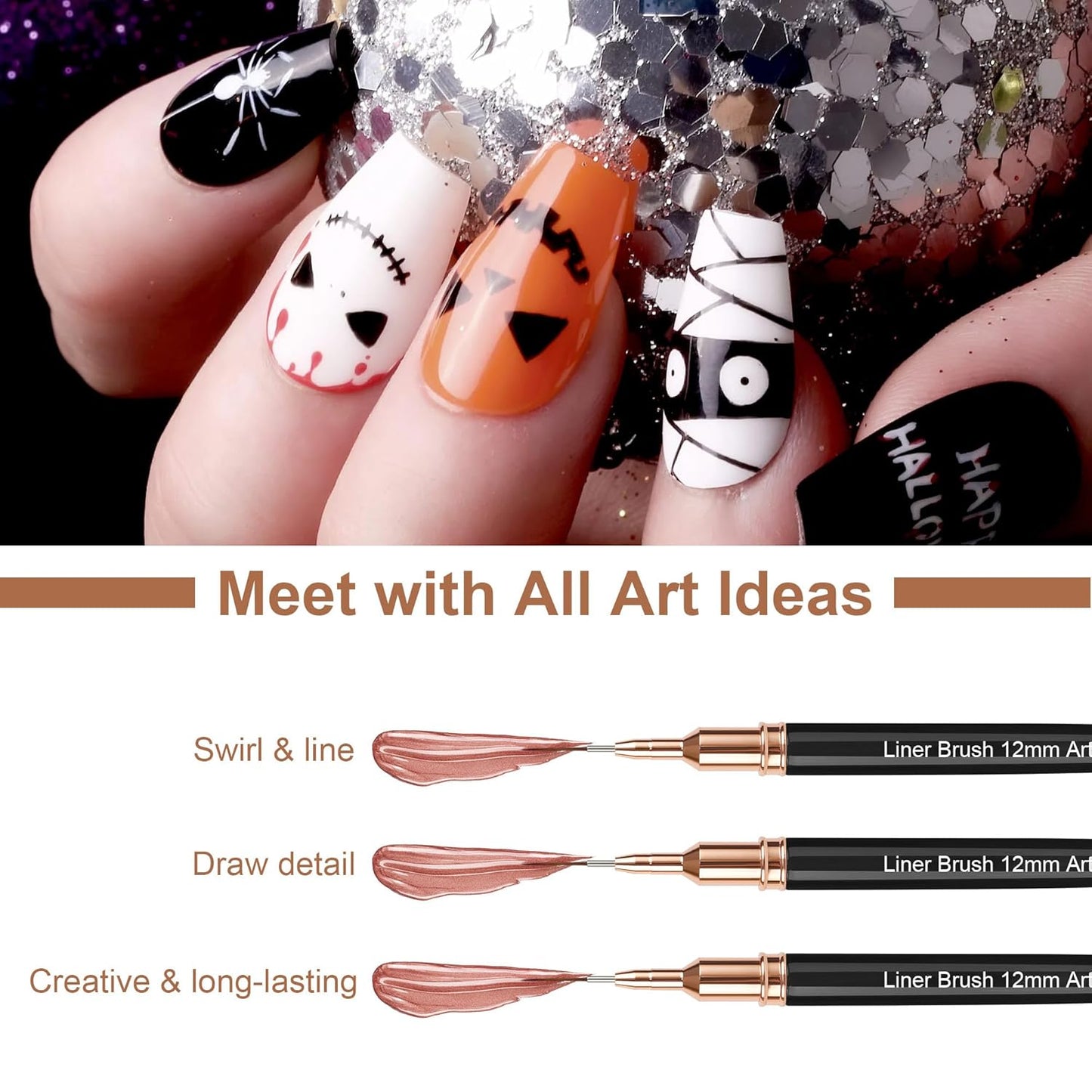 Artdone Metallic Nail Art Pens, Liner Brushes Set, 5PCS Black Color Nail Tools For Long Lines, Thin Details, Fine Drawing, Liner Brush UV Gel Polish Painting Nail Design Sizes 5/8/12/20/25mm