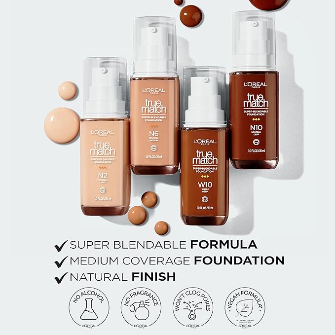 L'Oreal Paris True Match Super-Blendable Foundation, Medium Coverage Liquid Foundation Makeup, N1, Light, 1 Fl Oz