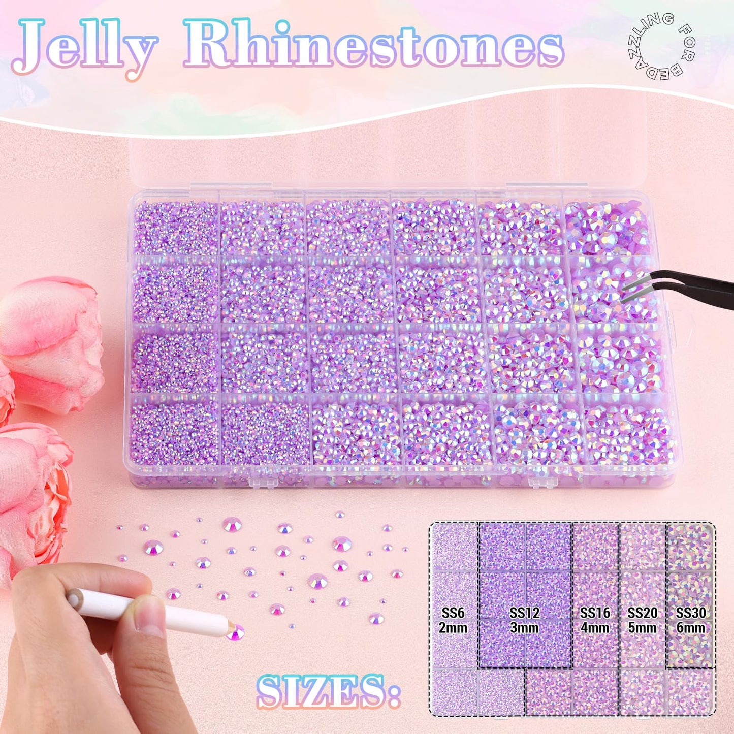 25000Pcs Resin Rhinestones with B7000 Jewelry Glue for Crafting, Lavender Purple AB 2-6mm Non Hotfix Flatback Gems, Bedazzling Crystal for DIY Crafts Clothing Tumblers Mugs Shoes Fabric Decor Nail Art