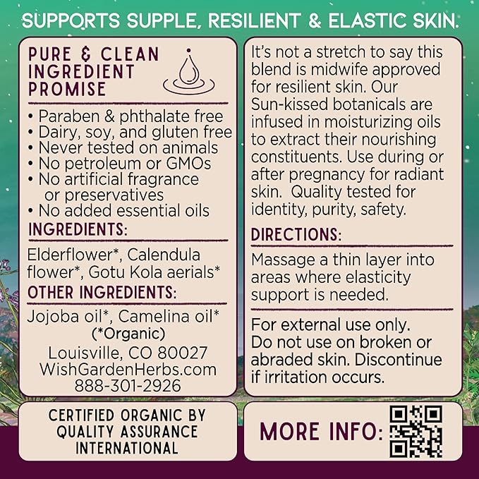 WishGarden Herbs Pregnant Belly Oil - USDA Certified Organic Herbal Oil Infusion with Elderflower, Calendula, Gotu Kola & Jojoba Supports Resilient & Elastic Skin to Prevent Stretch Marks, 2oz