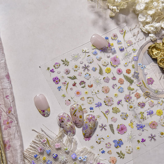 Flowers Nail Art Stickers Colorful Dried Flower Nail Decals 3D Self Adhesive Gold Foil Designs Spring Summer Nail Sticker Daisy Nail Stickers Cute Floral Nail Decal for DIY Nail Art Nails Decor Women