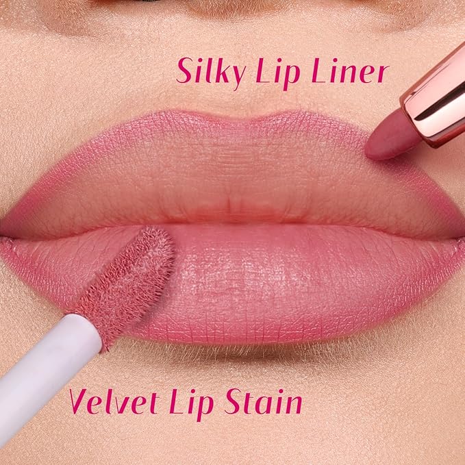 2 PCS Lip Liner and Lip Stain Combo Set, High Pigmented Long Lasting Velvet Lip Tint, Well-Defined Lipliner, Weightless Waterproof Not Animal Tested, Matte Finish Makeup