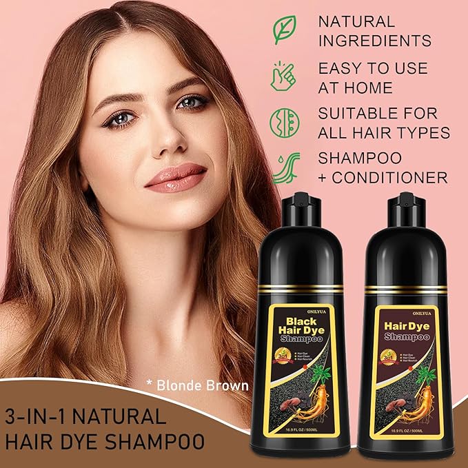 Blonde Brown Hair Dye Shampoo 3 in 1, Instant Hair Color Shampoo for Women Men, Natural Color Shampoo Hair Dye, Grey Hair Coverage in Minutes, Herbal Formula (17.6 FL OZ)