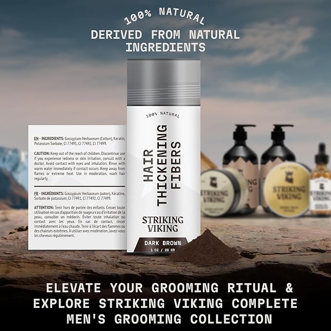 Striking Viking Hair Fibers for Thinning Hair, Dark Brown (28g) - Long Lasting, Undetectable Natural Building Powder for Thicker Looking Results, Men & Women
