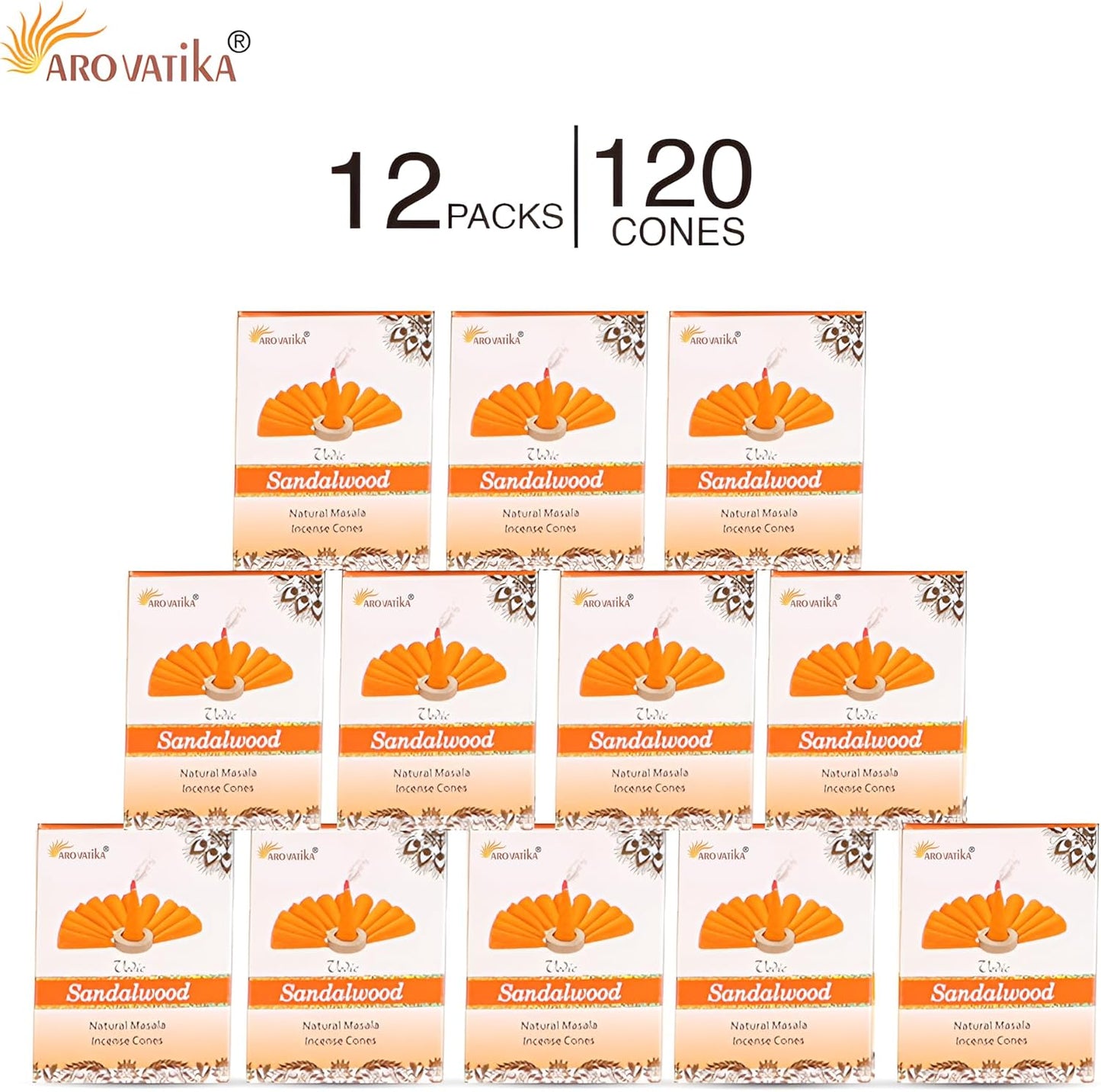 ARO VATIKA Vedic Sandalwood Natural Masala 120 Incense Cones in Pack of 12 Boxes| Environment-Friendly Dhoop- Best for Prayer, Reiki, Meditation and Relaxation | Burn time- 25 mins